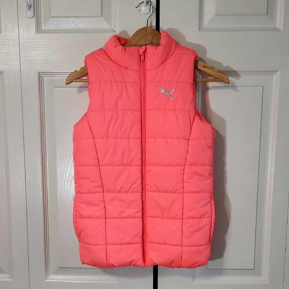 Puma Girls Bright Pink Puffer Vest Size M 10/12 Full Zip Elastic Waist Colorful